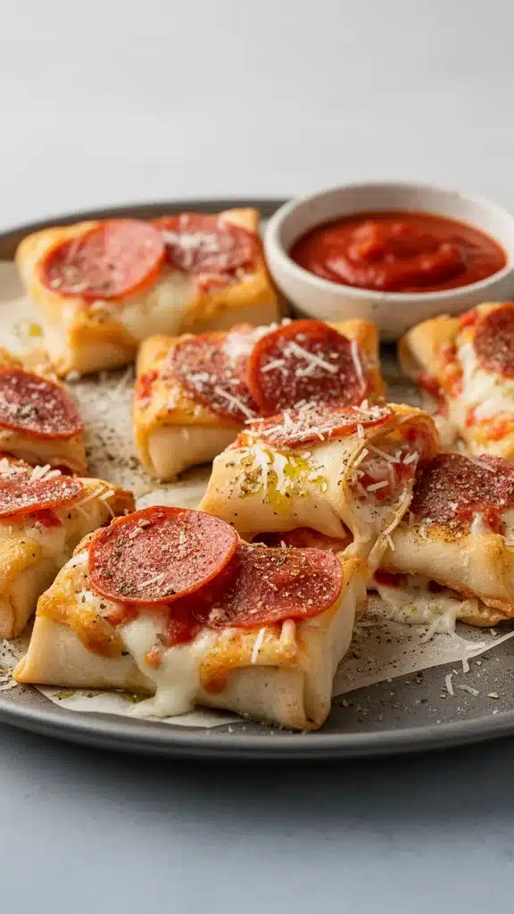 High protein pepperoni pizza rolls with melty cheese and savory pepperoni.