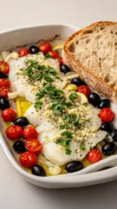 Mediterranean baked fish garnished with herbs and lemon on a plate