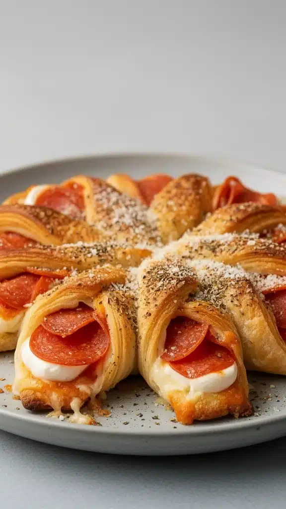 Delicious Mozzarella Pepperoni Croissant Rolls with melted cheese and pepperoni
