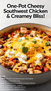 One-Pot Cheesy Southwest Chicken & Rice dish served in a bowl, garnished with herbs.