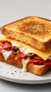 Mouthwatering Pizza Grilled Cheese sandwich with melty cheese and pizza toppings