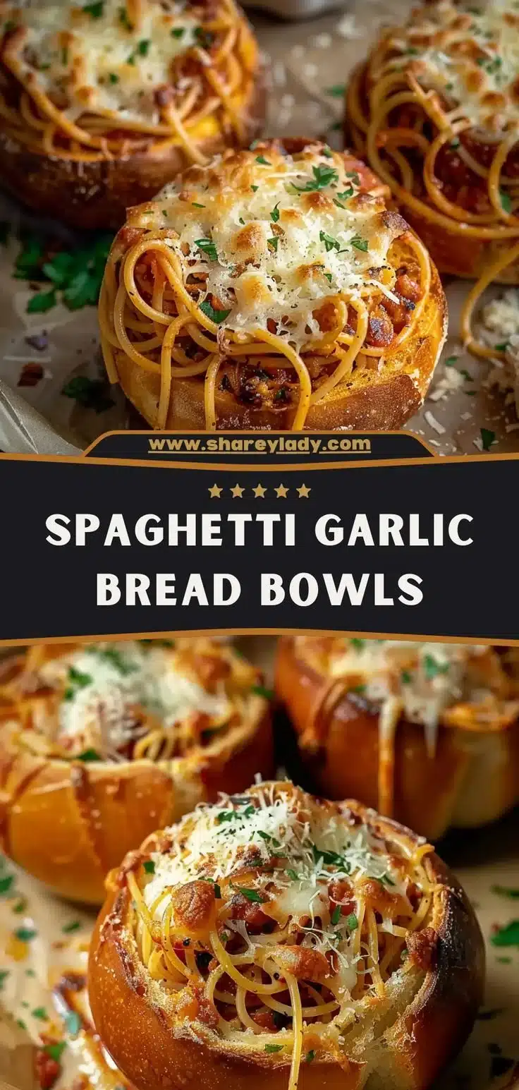 Delicious spaghetti garlic bread bowls filled with flavorful pasta and herbs