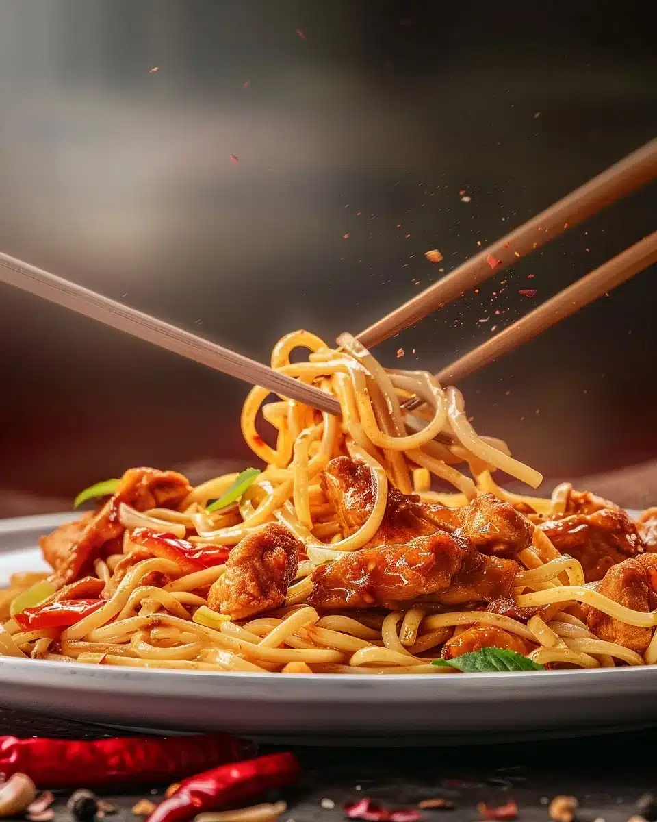 Delicious sticky garlic chicken noodles served in a bowl