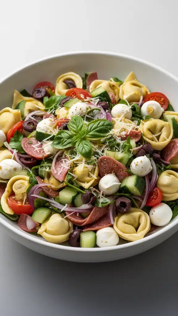 Colorful tortellini salad featuring fresh vegetables and herbs