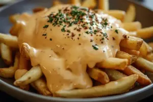 Delicious ultimate cheese sauce drizzled over crispy fries